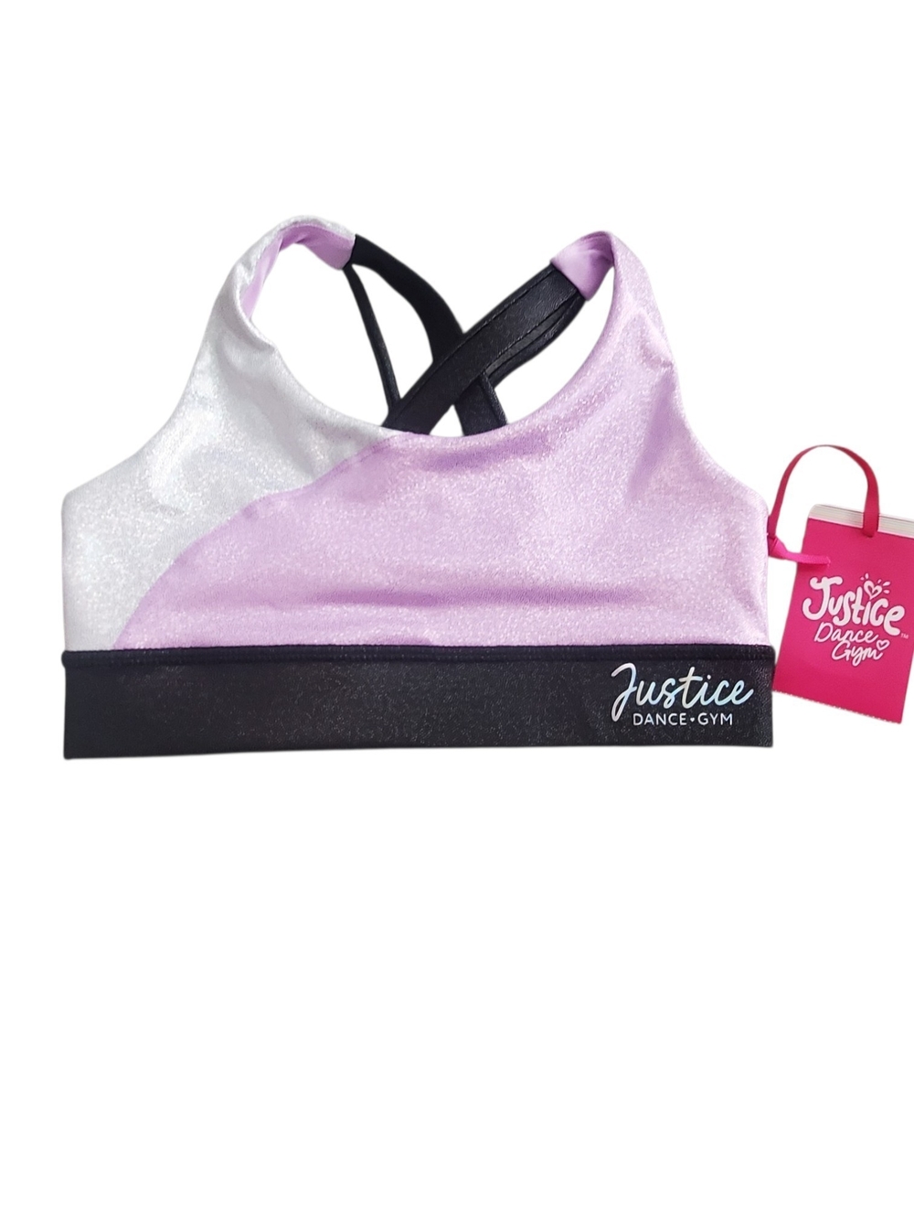 Justice Two-Tone Pink & White Dance Gym Sports Bra with Black Band